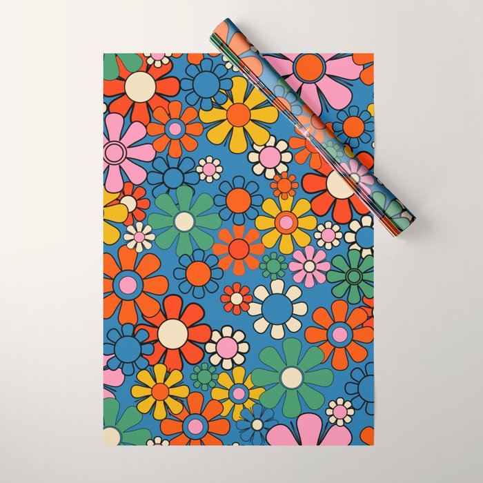 Groovy Floral Retro Garden Bold and Colorful 60s 70s Flower Pattern with Blue Wrapping Paper Gallery Image 1