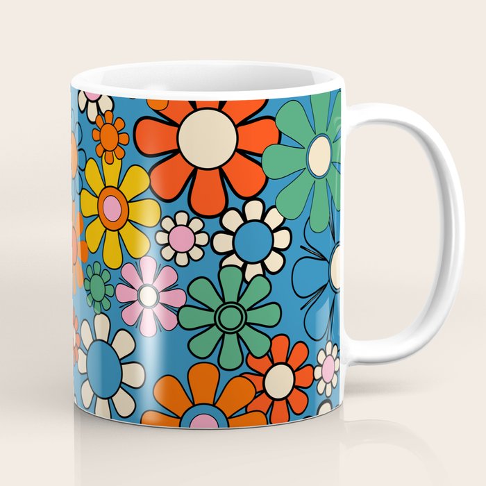 Groovy Floral Retro Garden Bold and Colorful 60s 70s Flower Pattern with Blue Coffee Mug Gallery Image 1