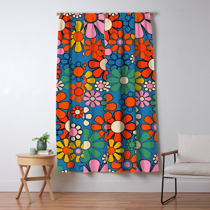 Groovy Floral Retro Garden Bold and Colorful 60s 70s Flower Pattern with Blue Window Curtain Gallery Image 5