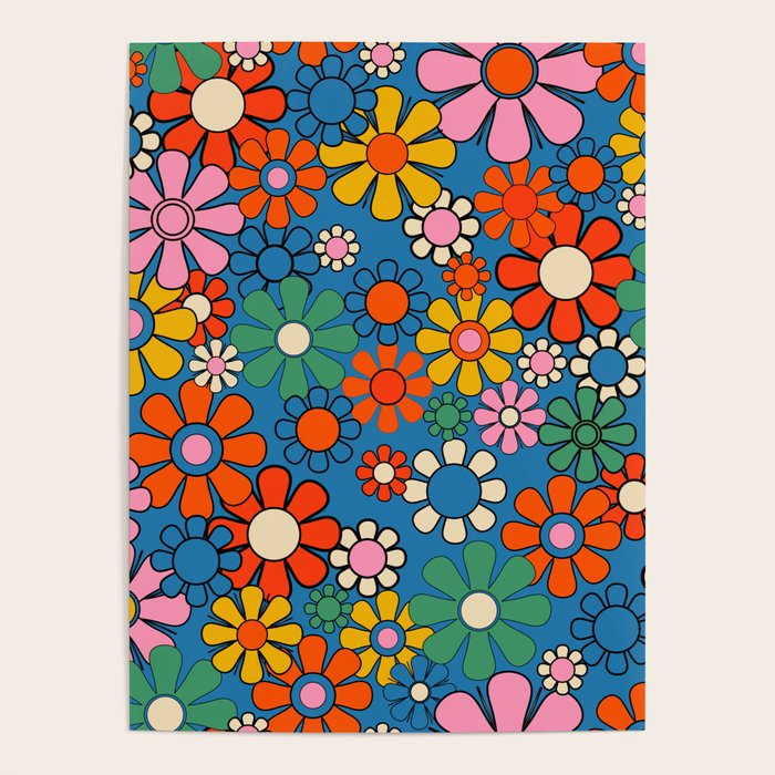 Groovy Floral Retro Garden Bold and Colorful 60s 70s Flower Pattern with Blue Poster Gallery Image 4