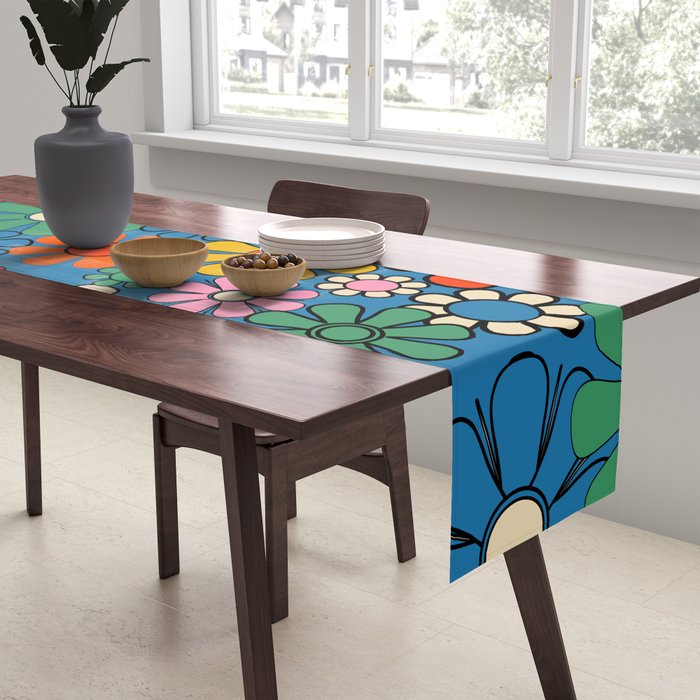 Groovy Floral Retro Garden Bold and Colorful 60s 70s Flower Pattern with Blue Table Runner Gallery Image 2