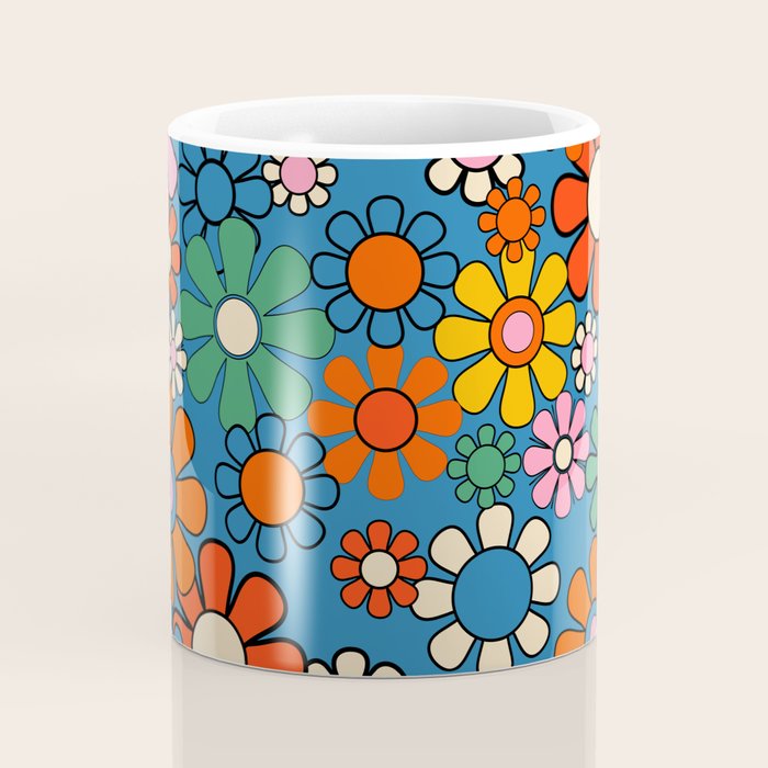Groovy Floral Retro Garden Bold and Colorful 60s 70s Flower Pattern with Blue Coffee Mug Gallery Image 4