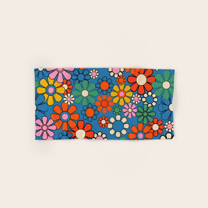 Groovy Floral Retro Garden Bold and Colorful 60s 70s Flower Pattern with Blue Bath Towel Gallery Image 1