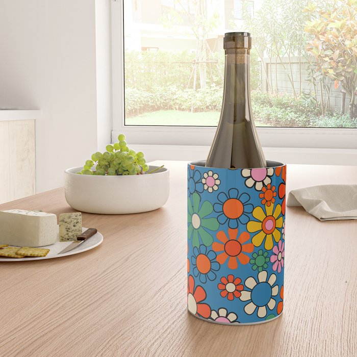 Groovy Floral Retro Garden Bold and Colorful 60s 70s Flower Pattern with Blue Wine Chiller Gallery Image 4