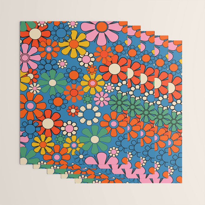Groovy Floral Retro Garden Bold and Colorful 60s 70s Flower Pattern with Blue Wrapping Paper Gallery Image 3