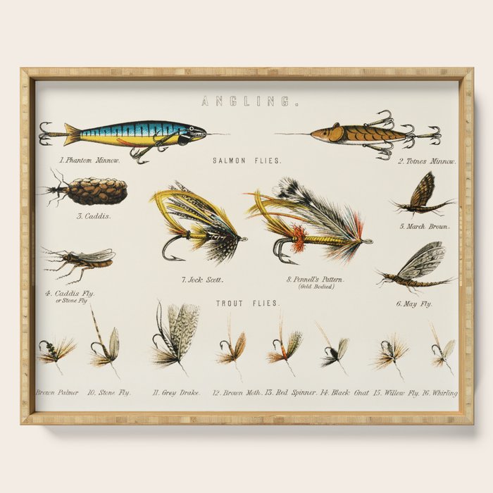 Illustrated Freshwater Fish Angling baits and fishing flies chart Serving Tray Gallery Image 1