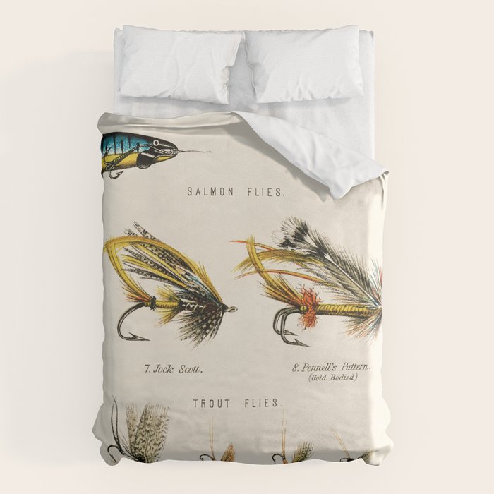 Illustrated Freshwater Fish Angling baits and fishing flies chart Duvet Cover Gallery Image 1