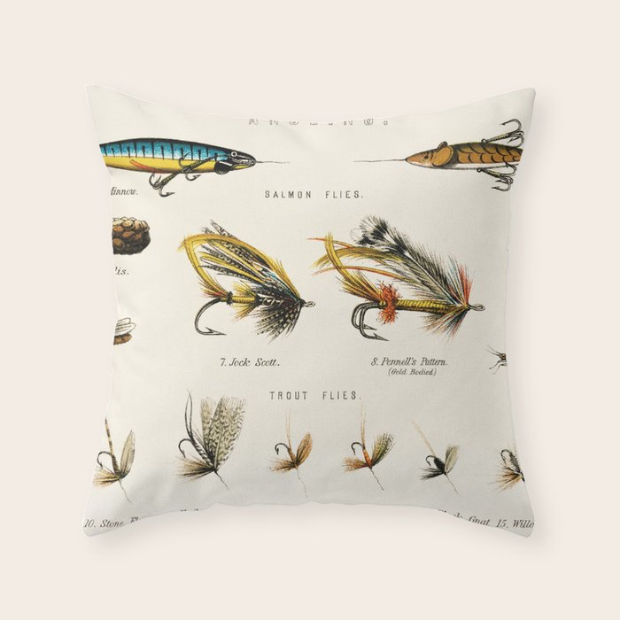 Illustrated Freshwater Fish Angling baits and fishing flies chart Throw Pillow Gallery Image 6
