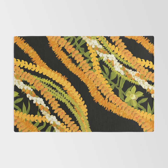 Diagonal Lei Pikake and Orange Lokelani Ti Leaf Puakenikeni Lantern Ilima Rug Gallery Image 2