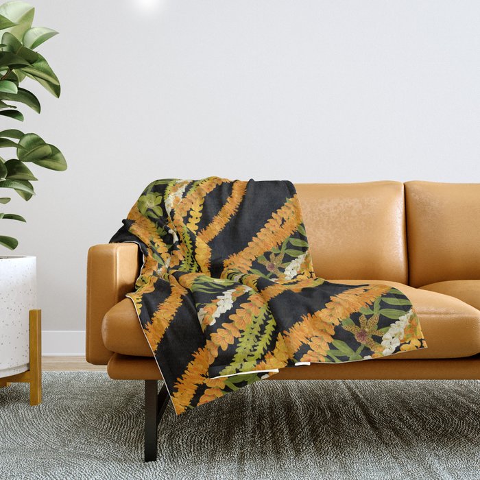Diagonal Lei Pikake and Orange Lokelani Ti Leaf Puakenikeni Lantern Ilima Throw Blanket Gallery Image 1