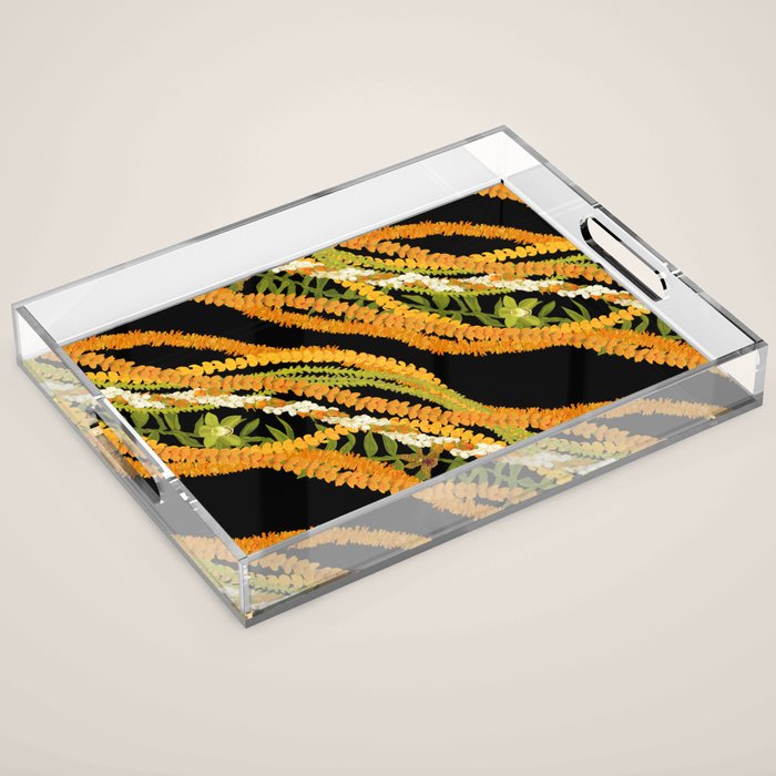Diagonal Lei Pikake and Orange Lokelani Ti Leaf Puakenikeni Lantern Ilima Acrylic Tray Gallery Image 1
