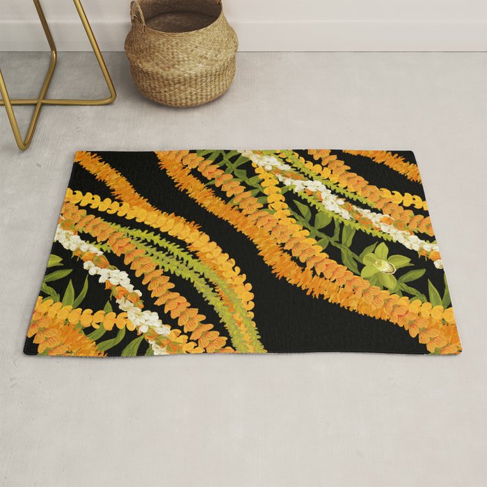 Diagonal Lei Pikake and Orange Lokelani Ti Leaf Puakenikeni Lantern Ilima Rug Gallery Image 1