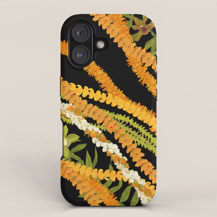 Diagonal Lei Pikake and Orange Lokelani Ti Leaf Puakenikeni Lantern Ilima iPhone Case Gallery Image 1