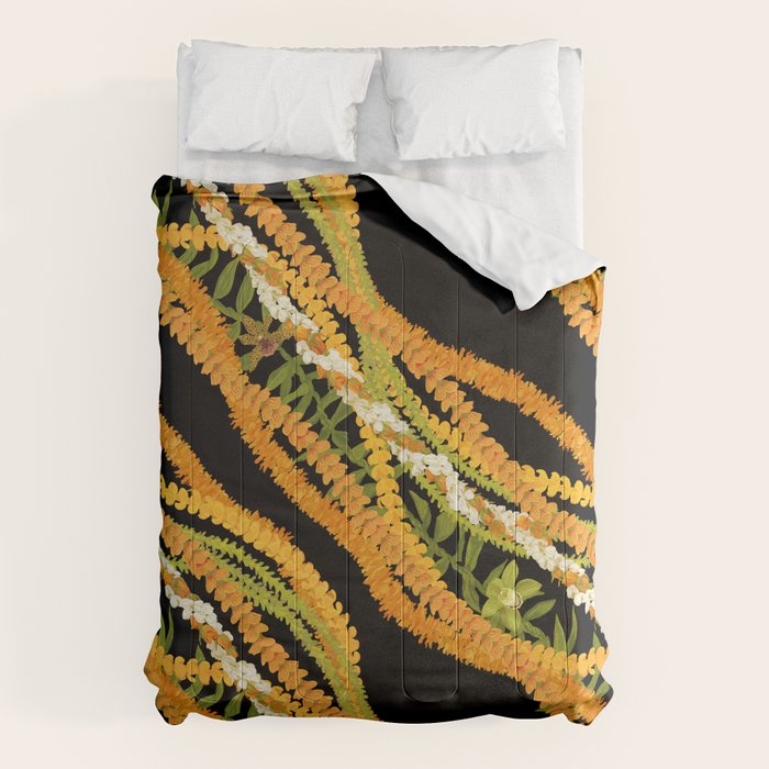 Diagonal Lei Pikake and Orange Lokelani Ti Leaf Puakenikeni Lantern Ilima Comforter Gallery Image 1