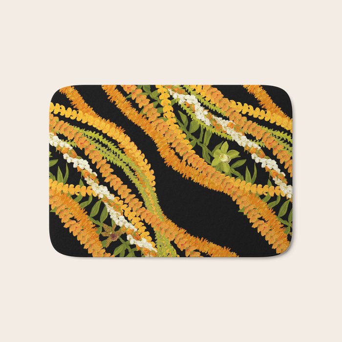 Diagonal Lei Pikake and Orange Lokelani Ti Leaf Puakenikeni Lantern Ilima Bath Mat Gallery Image 1
