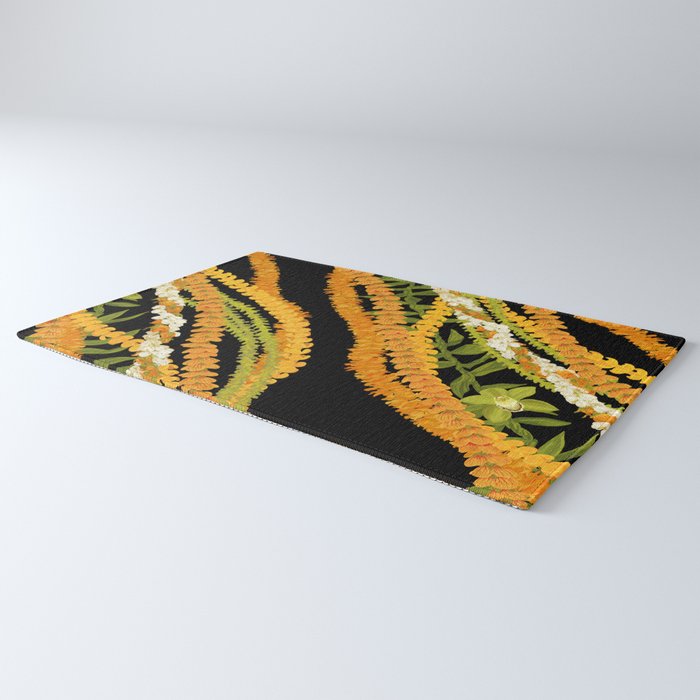 Diagonal Lei Pikake and Orange Lokelani Ti Leaf Puakenikeni Lantern Ilima Rug Gallery Image 3