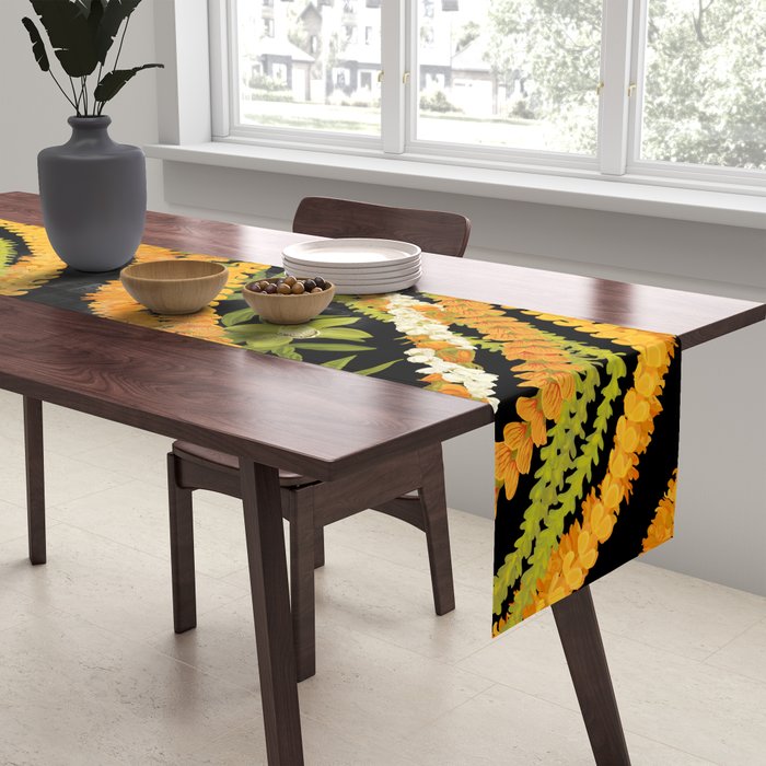 Diagonal Lei Pikake and Orange Lokelani Ti Leaf Puakenikeni Lantern Ilima Table Runner Gallery Image 2