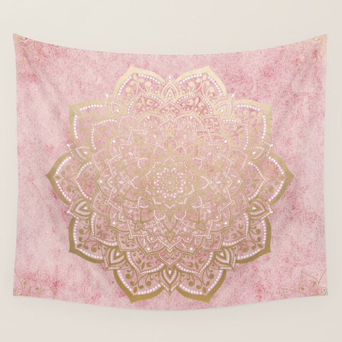 MOON DANCE MANDALA IN GOLD AND PINK Wall Tapestry