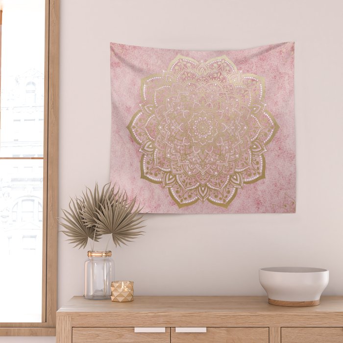 MOON DANCE MANDALA IN GOLD AND PINK Wall Tapestry Gallery Image 2