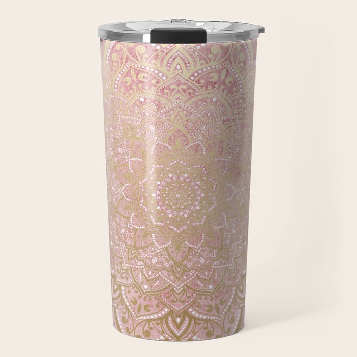 MOON DANCE MANDALA IN GOLD AND PINK Travel Mug Gallery Image 1