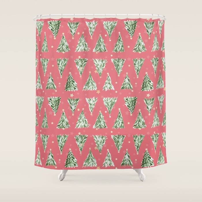 Holiday christmas tree over pink watermelon pattern Shower Curtain Gallery Image 1