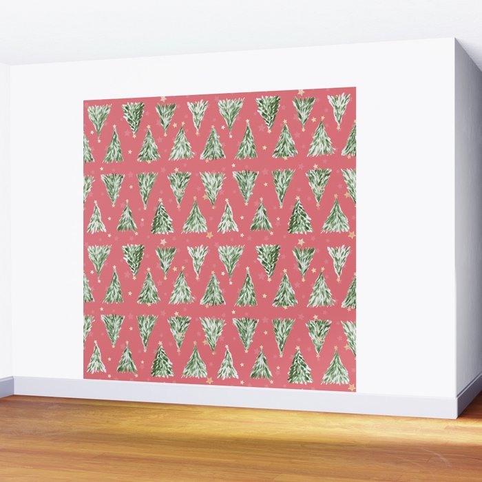 Holiday christmas tree over pink watermelon pattern Wall Mural Gallery Image 2