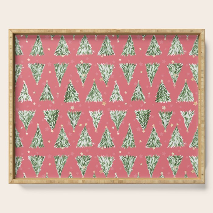Holiday christmas tree over pink watermelon pattern Serving Tray Gallery Image 1