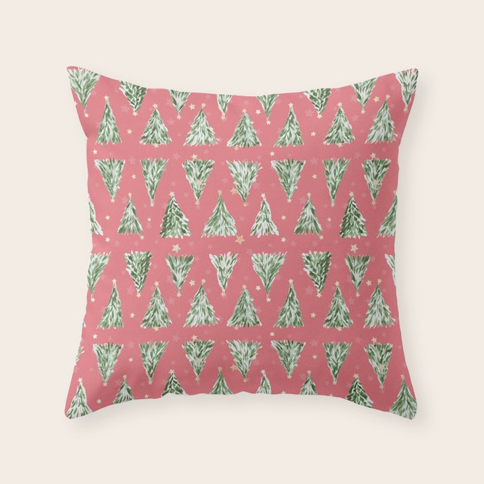 Holiday christmas tree over pink watermelon pattern Throw Pillow Gallery Image 1