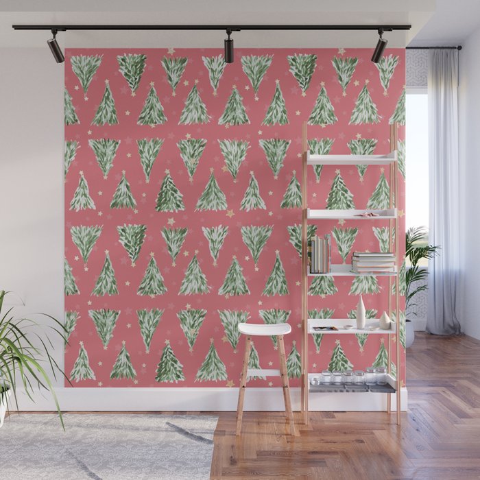 Holiday christmas tree over pink watermelon pattern Wall Mural Gallery Image 1
