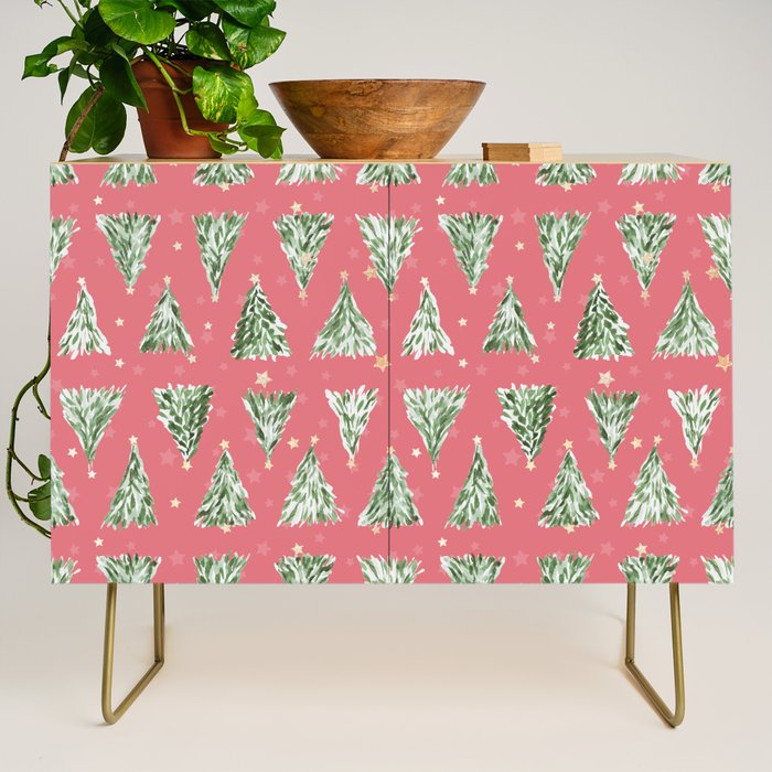 Holiday christmas tree over pink watermelon pattern Credenza Gallery Image 1