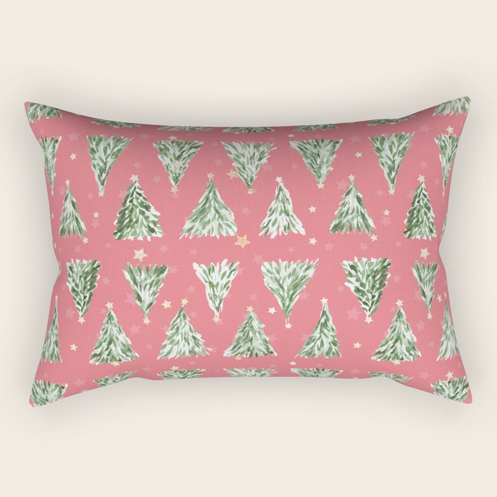 Holiday christmas tree over pink watermelon pattern Rectangular Pillow Gallery Image 1