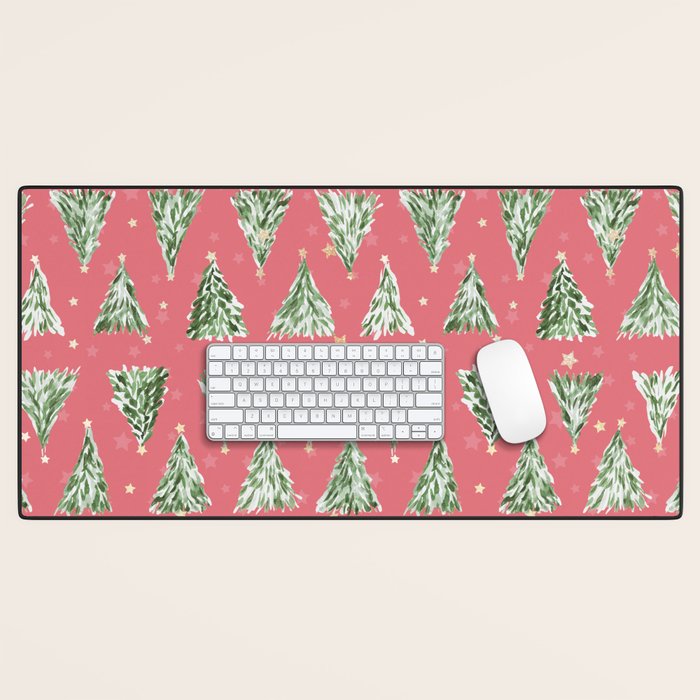 Holiday christmas tree over pink watermelon pattern Desk Mat Gallery Image 1
