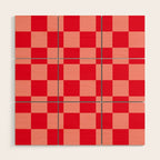 Bright red and peaches pink checkerboard Wood Wall Art Gallery Image 1