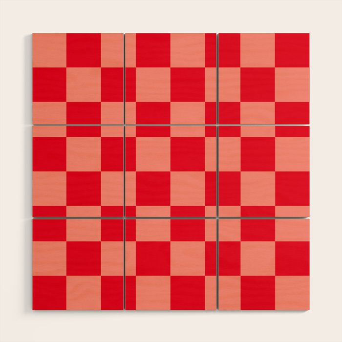Bright red and peaches pink checkerboard Wood Wall Art Gallery Image 1