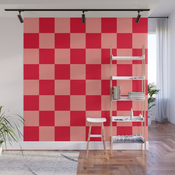 Bright red and peaches pink checkerboard Wall Mural Gallery Image 1