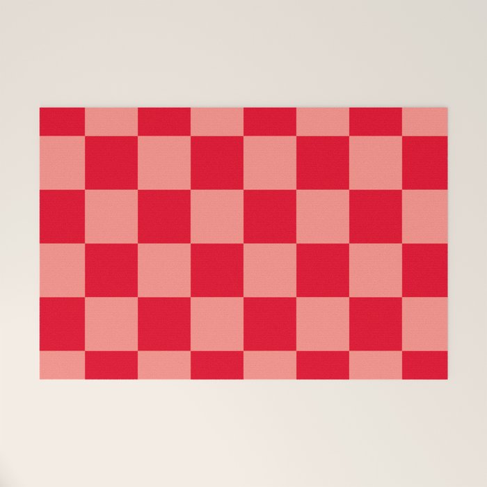 Bright red and peaches pink checkerboard Welcome Mat Gallery Image 1