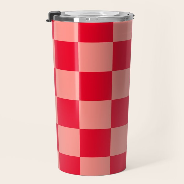 Bright red and peaches pink checkerboard Travel Mug Gallery Image 3