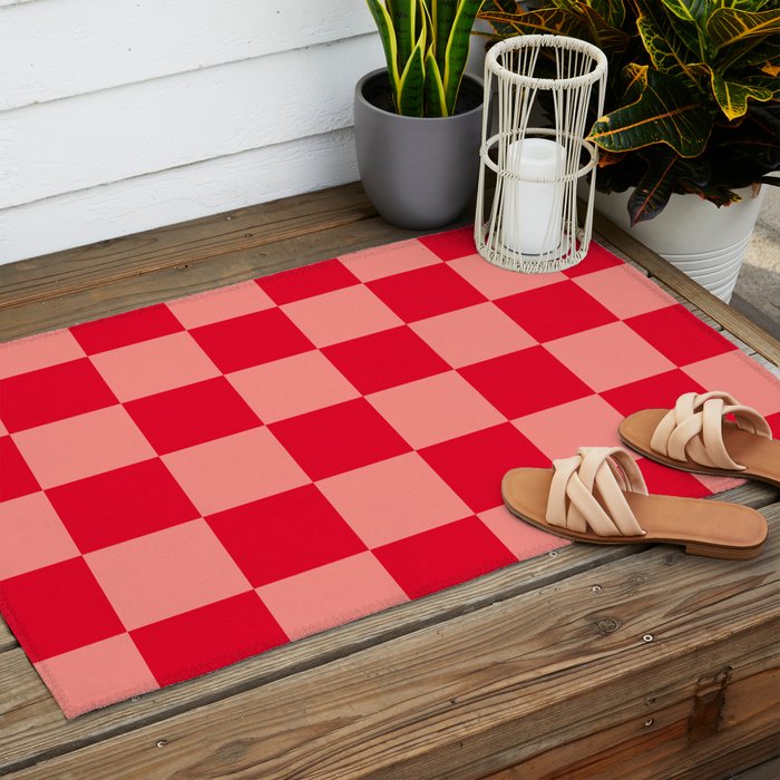 Bright red and peaches pink checkerboard Outdoor Rug Gallery Image 2