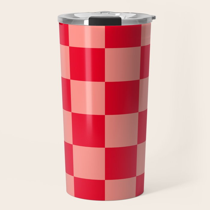 Bright red and peaches pink checkerboard Travel Mug Gallery Image 1