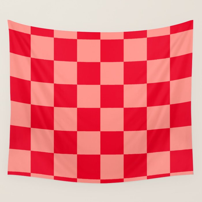 Bright red and peaches pink checkerboard Wall Tapestry Gallery Image 1