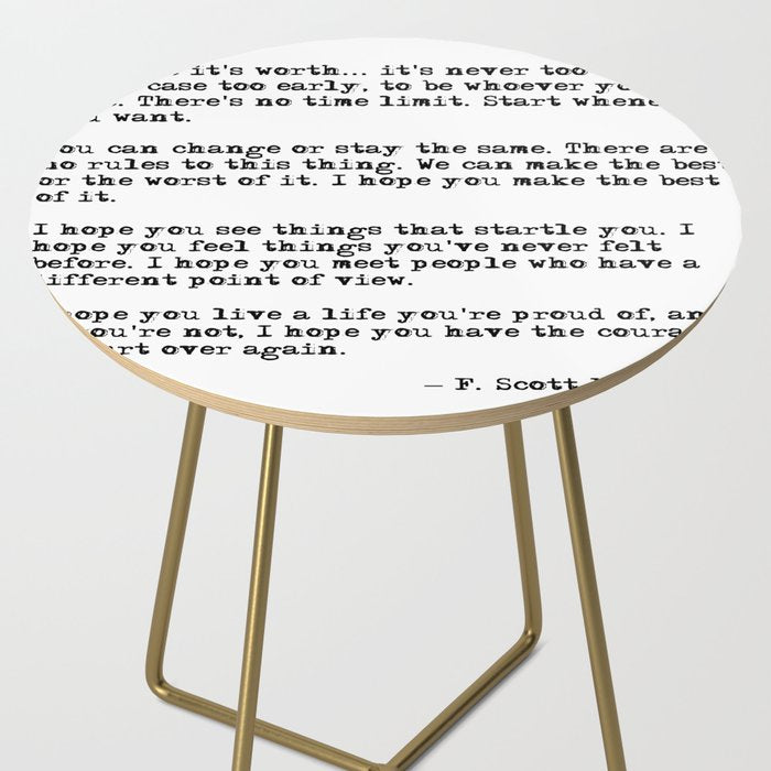 For what it's worth - F Scott Fitzgerald quote Side Table Gallery Image 2