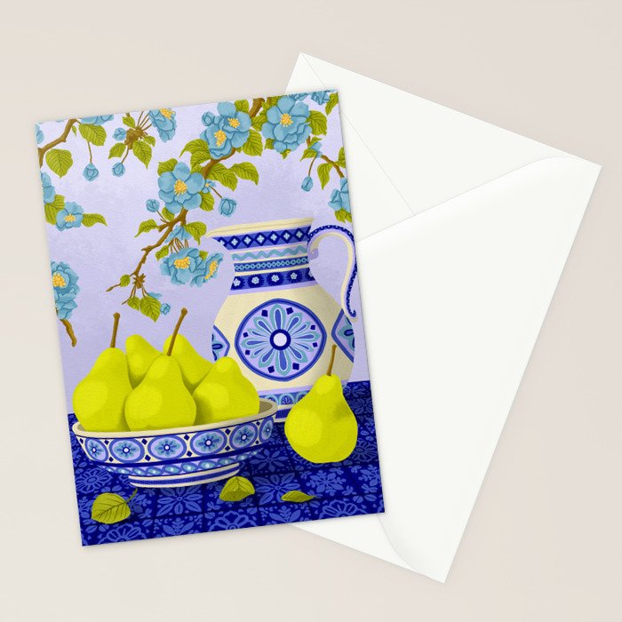 Bowl of Pears and Blue Blossoms Stationery Card Gallery Image 2