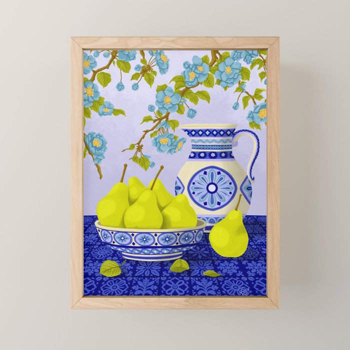 Bowl of Pears and Blue Blossoms Mini Art Print Gallery Image 1