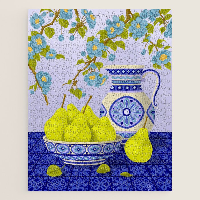 Bowl of Pears and Blue Blossoms Jigsaw Puzzle Gallery Image 1