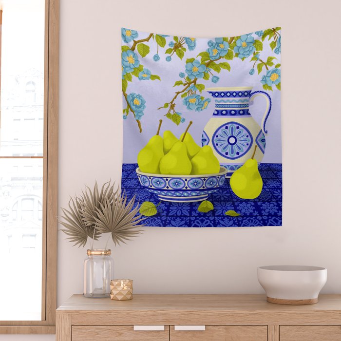 Bowl of Pears and Blue Blossoms Wall Tapestry Gallery Image 2