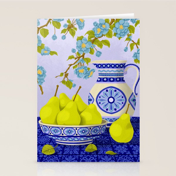 Bowl of Pears and Blue Blossoms Stationery Card Gallery Image 1