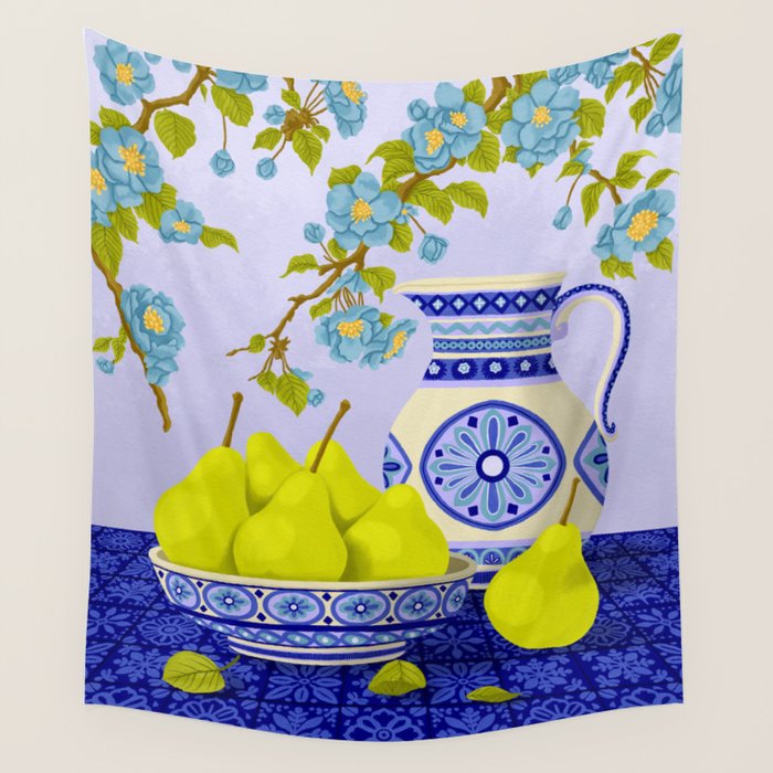 Bowl of Pears and Blue Blossoms Wall Tapestry Gallery Image 4