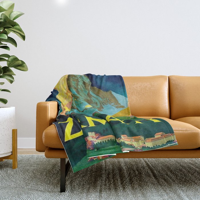 Zermatt Switzerland Vintage Mid Century Modern Travel Poster Throw Blanket Gallery Image 1
