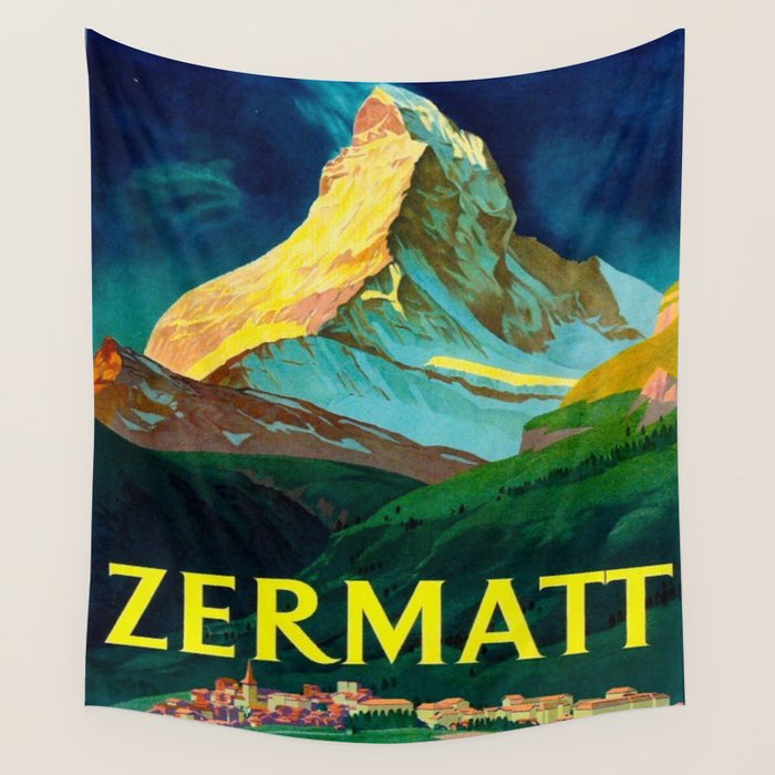 Zermatt Switzerland Vintage Mid Century Modern Travel Poster Wall Tapestry Gallery Image 1
