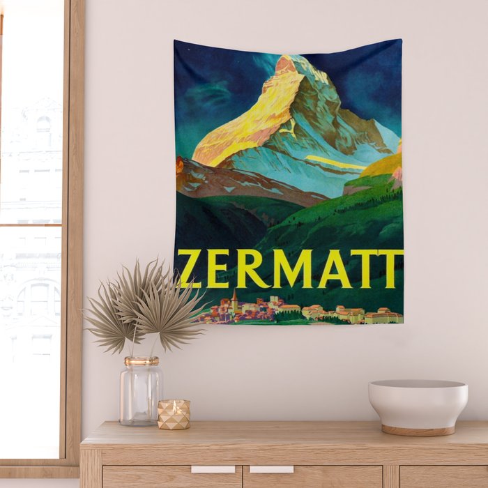 Zermatt Switzerland Vintage Mid Century Modern Travel Poster Wall Tapestry Gallery Image 2